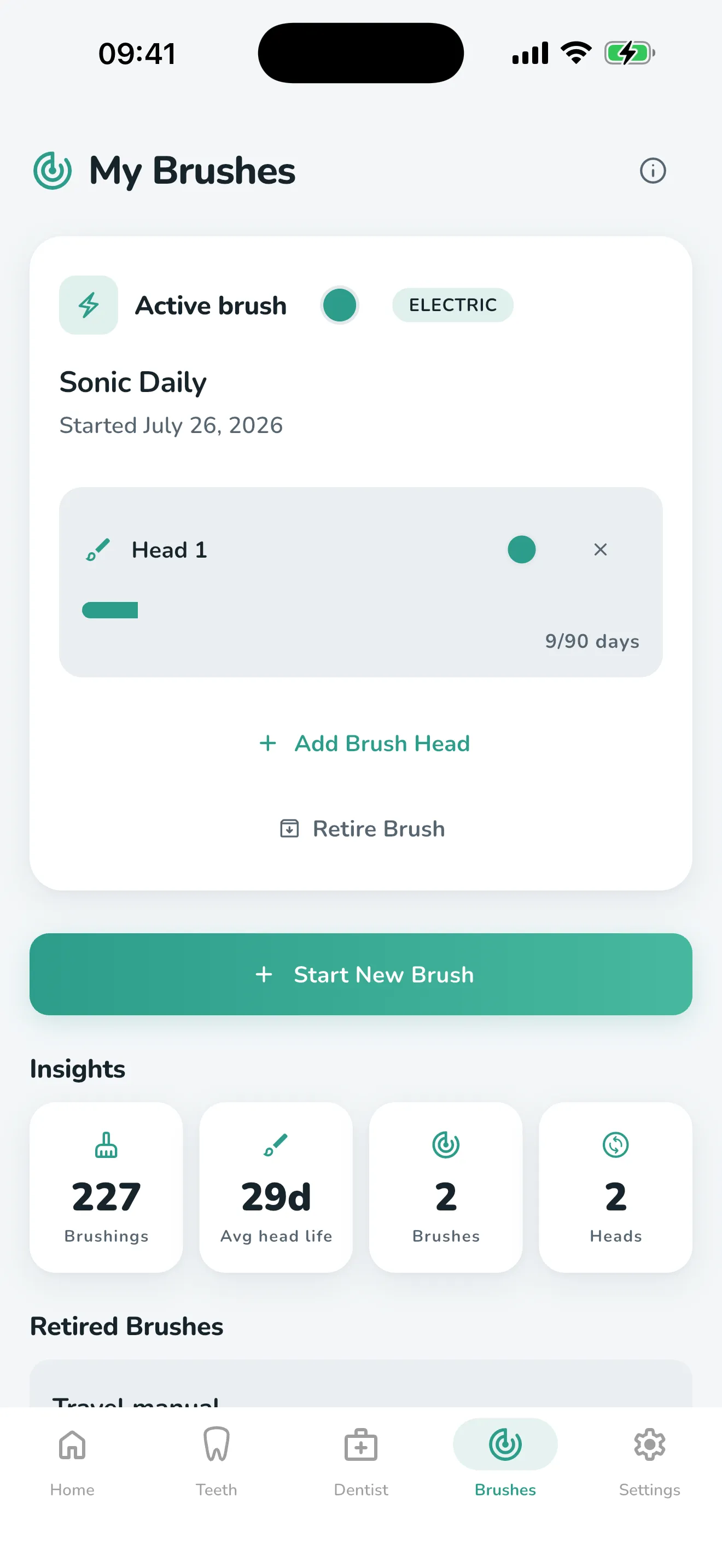 The Brushes tab: the current head with the days it has been in use