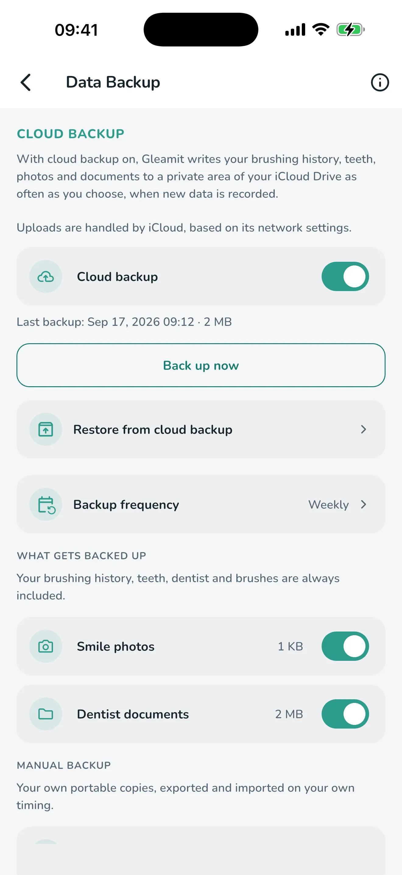 The Data Backup page, where backup to your own iCloud Drive is turned on or off