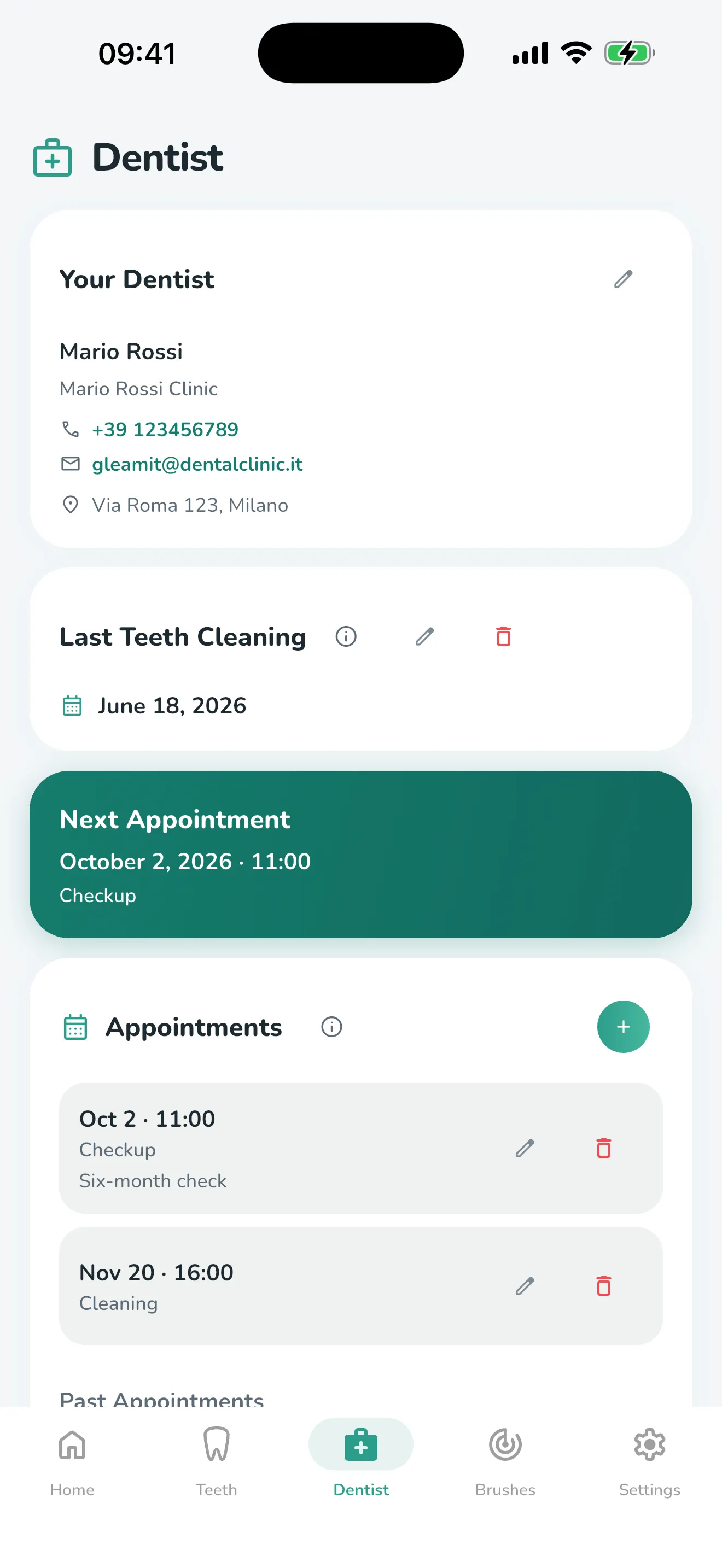 The Dentist tab: practice contact details, the last cleaning, the next appointment and the appointment list