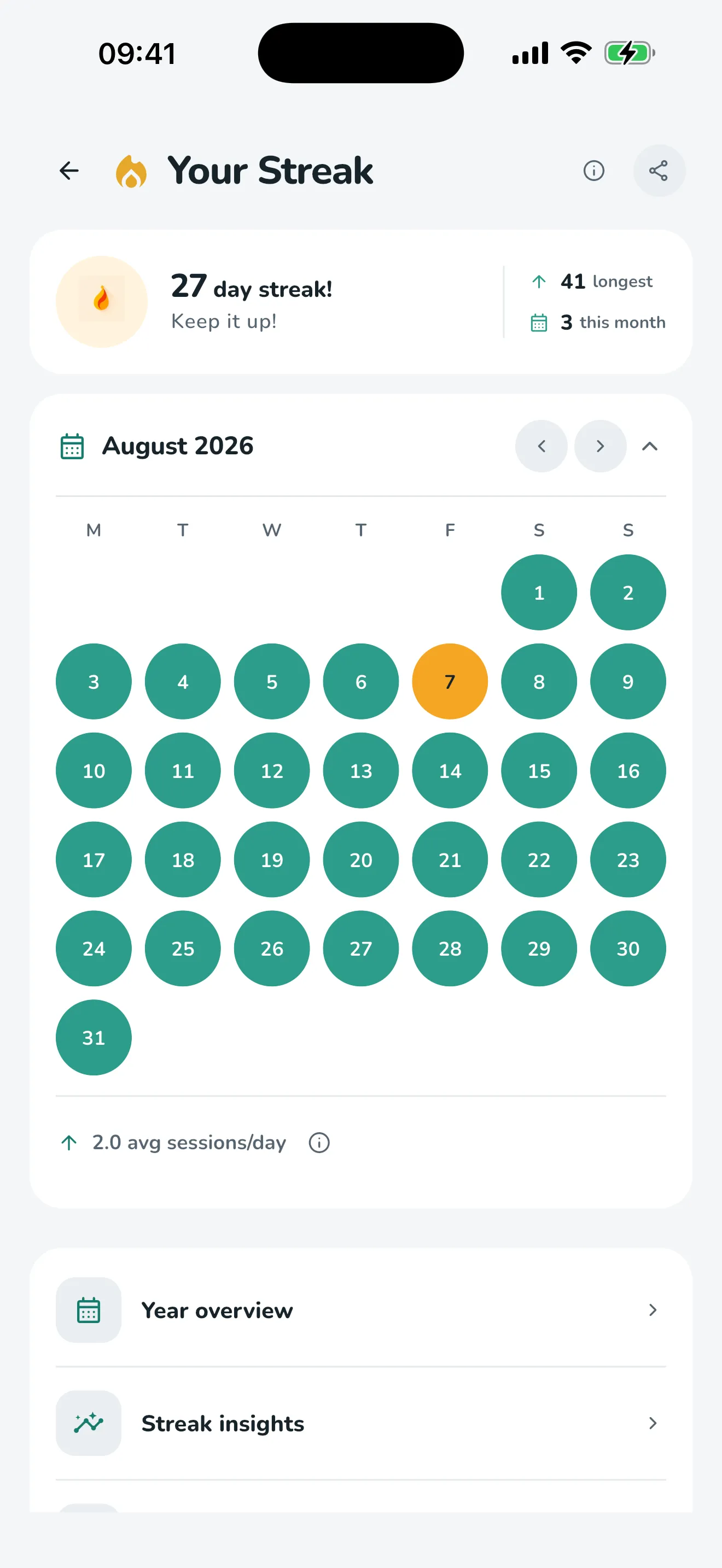 Your Streak: a 27 day brushing streak with every day of August filled in